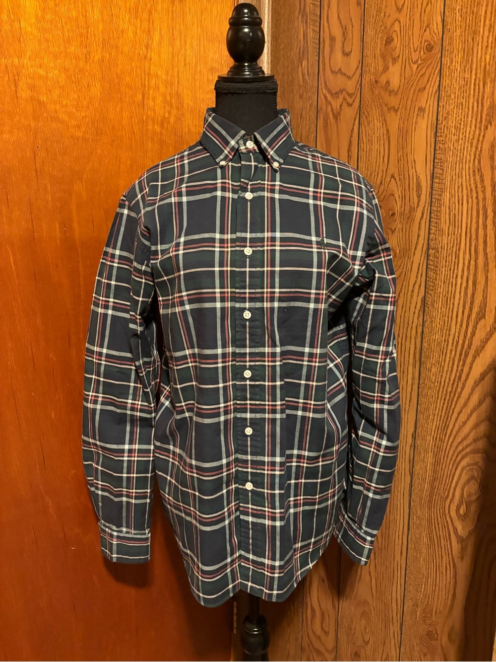 Ralph Lauren Navy Plaid Button-Down Shirt with Red & White Stripes
